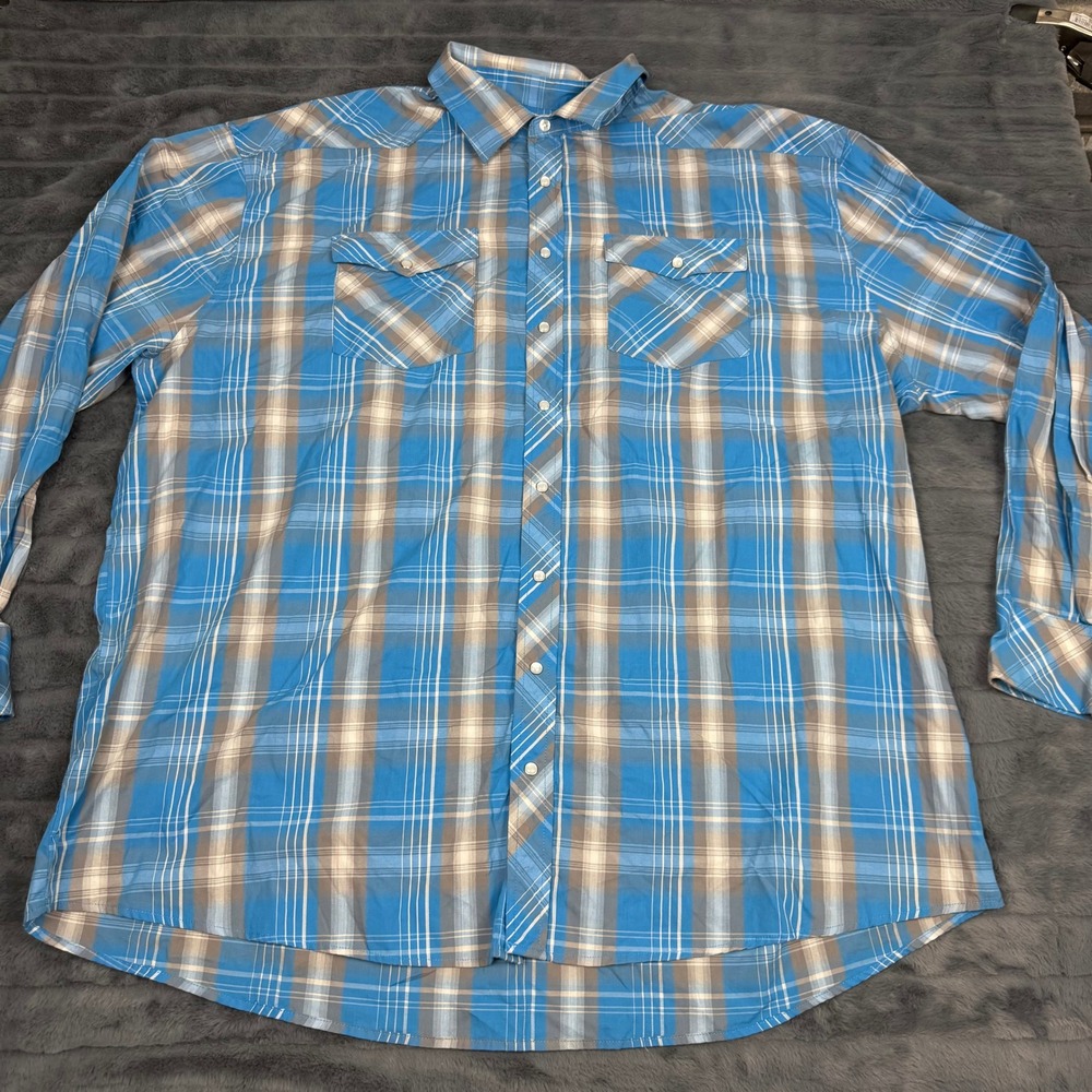 Gioberti Mens 4XL Blue Plaid Western Long Sleeve Button Down Snap Pocket Shirt